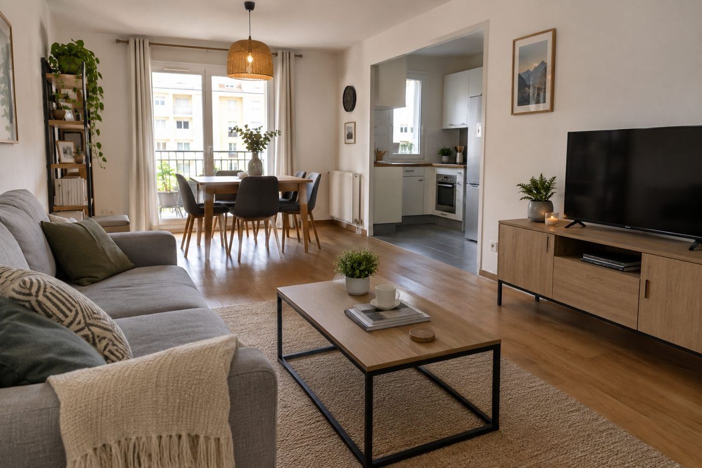 Salon lumineux avec canapé, coin repas et cuisine ouverte