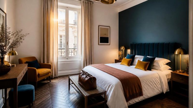Chambre élégante avec lit double, mur bleu nuit et grande fenêtre