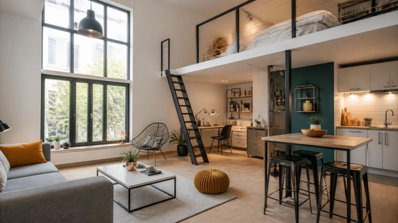 Studio meublé avec mezzanine, coin salon et cuisine équipée